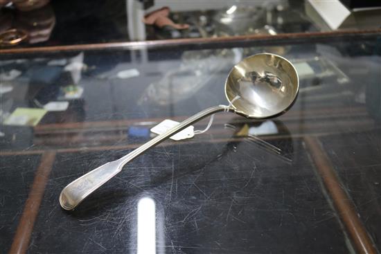A George IV silver fiddle and thread pattern soup ladle, William Eaton, London, 1829, 9 oz.